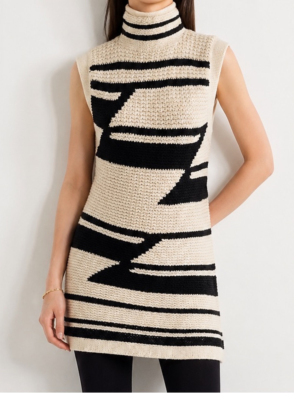 Ralph Lauren Black Label Handknit Geometric Long Sweater Tunic Top L